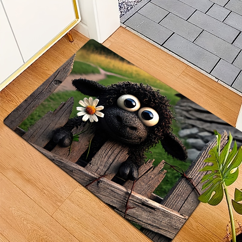 TEMU 2d Flat Printing Cozy And Sheep With Daisy Pattern Doormat - Depicting A Sheep Lying On An Old Wooden Fence - With Round Eyes And A - Holding A