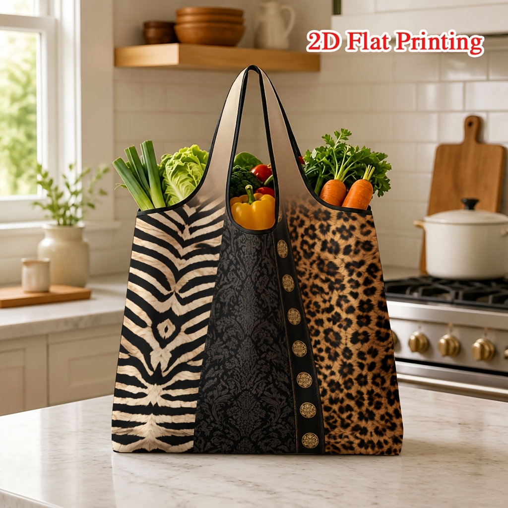 TEMU 1pc Light Luxury Zebra And Leopard Print Black Damascus Pattern With Golden Button Design 2d Printed Shopping Bag, Suitable For Grocery Shopping