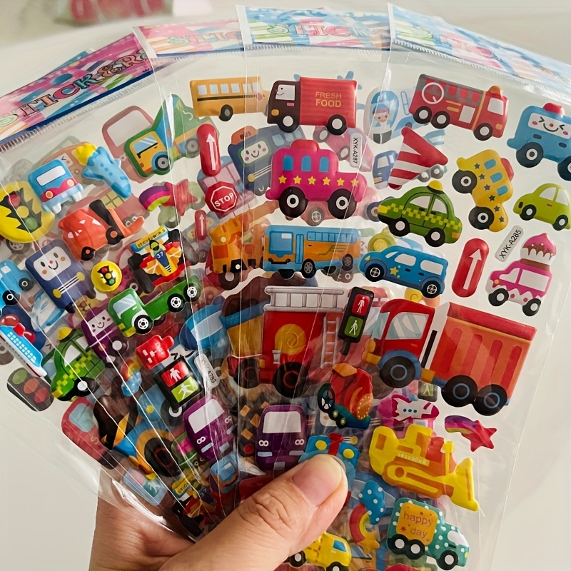 

8pcs Set Cartoon Vehicle Stickers - 3d Stereoscopic Cars, Fire Trucks, Excavators - Fun Educational Stickers, Mixed Colors, Self-adhesive Plastic, Plastic