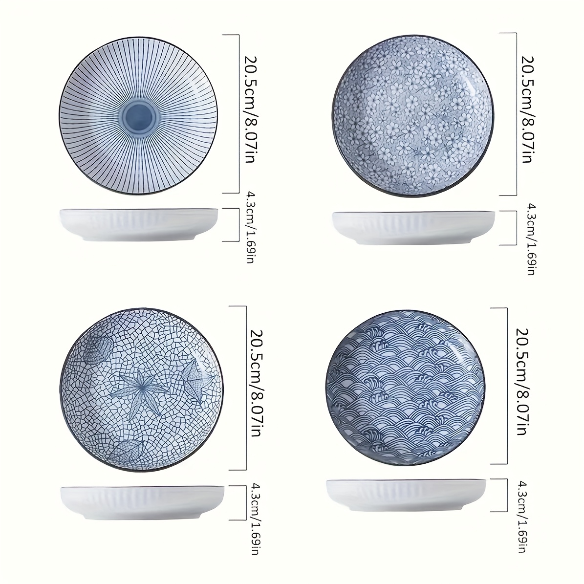 TEMU 4pcs Set Of Japanese-style Ceramic Floral Plates Household Serving Plate, Nordic-style Steak Plate, Ceramic 7-inch Deep Plate, Non-slip Edge, Underglaze Color Round Plate