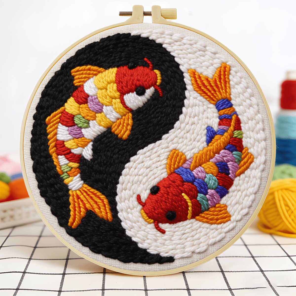 TEMU Jozysh 1 Set Koi Pattern Punch Needle Kit, Yarn Punch Needle Embroidery Needle Kit Suitable For Beginners, Handmade Hole Punch Embroidery Carpet