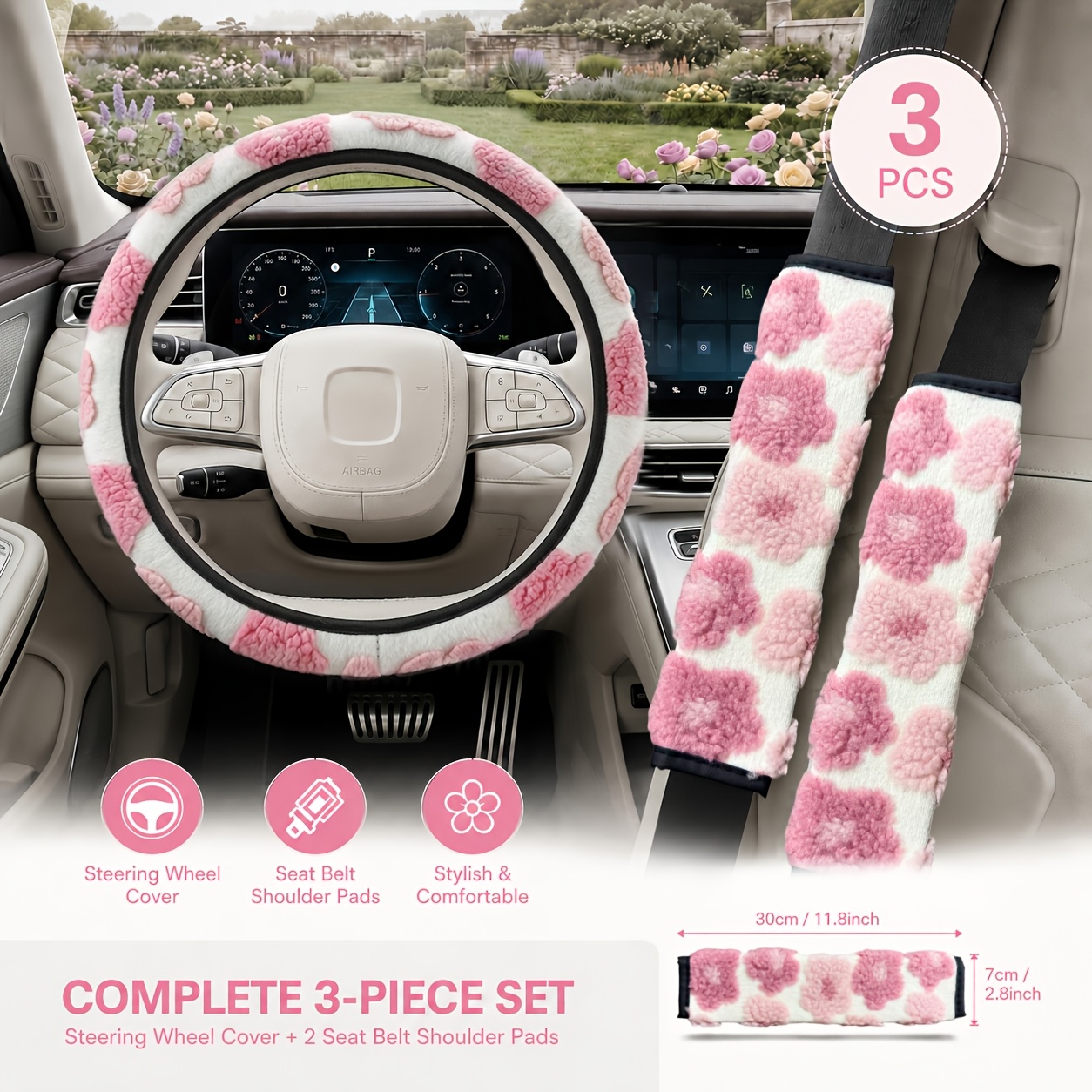 TEMU 3pcs Set Of Cute 3d Floral Car Interior Decoration (including 1pc Steering Wheel Cover And 2pcs Seat Belt Shoulder Protector Covers, 30cm), Soft