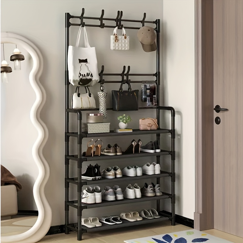 5-Tier Stainless Steel Coat Rack and Shoe Rack - Space-Saving Entryway Organizer with Hooks for Jackets, Hats, Bags, and Umbrellas - Easy to Assemble, Versatile Storage for Bedroom, Hallway, or Office, Accessory Rack | Stylish Modern Shelf | Durable