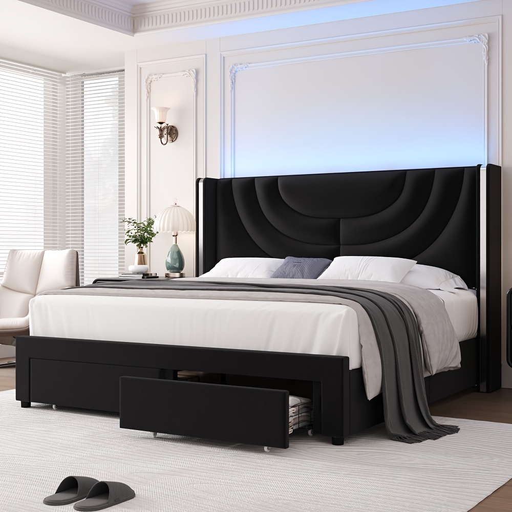 FULTRU Upholstered LED Bed Frame in Full, Queen, Or King Size with Two Storage Drawers, Velvet Platform Bed Featuring a Wingback Headboard, Sturdy Wooden Slats for Support, No Need for a Box Spring, Headboard with a Splicing Design