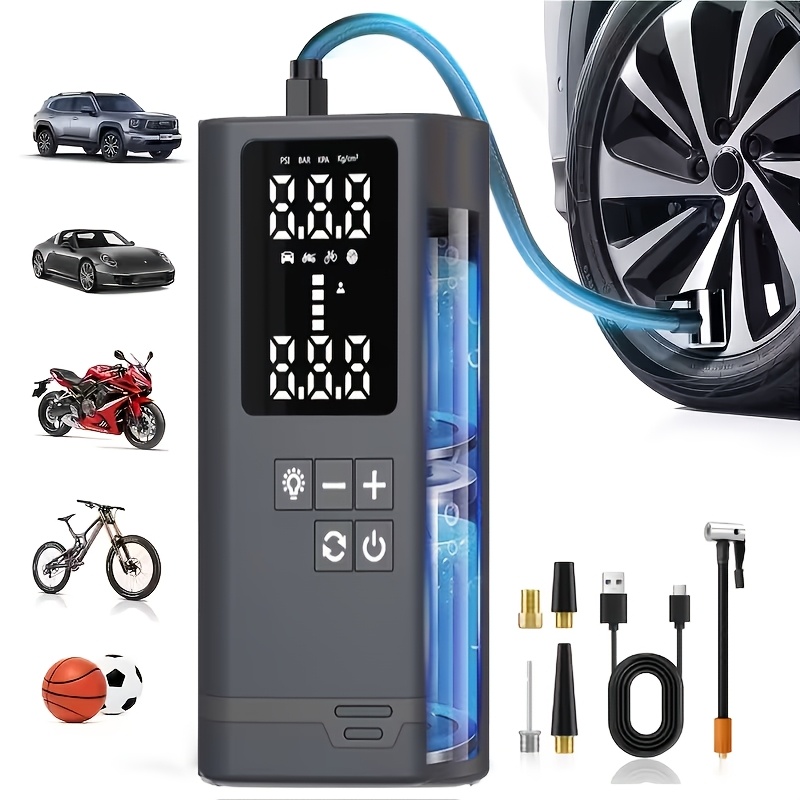 Portable Tire Inflator Air Compressor – Wireless Air Pump with Digital Display, LED Light, USB Charging, Multi-Function Nozzle Adapter for Cars, Motorcycles, Bicycles, and Sports Balls — Zaynora Luxury Marketplace
