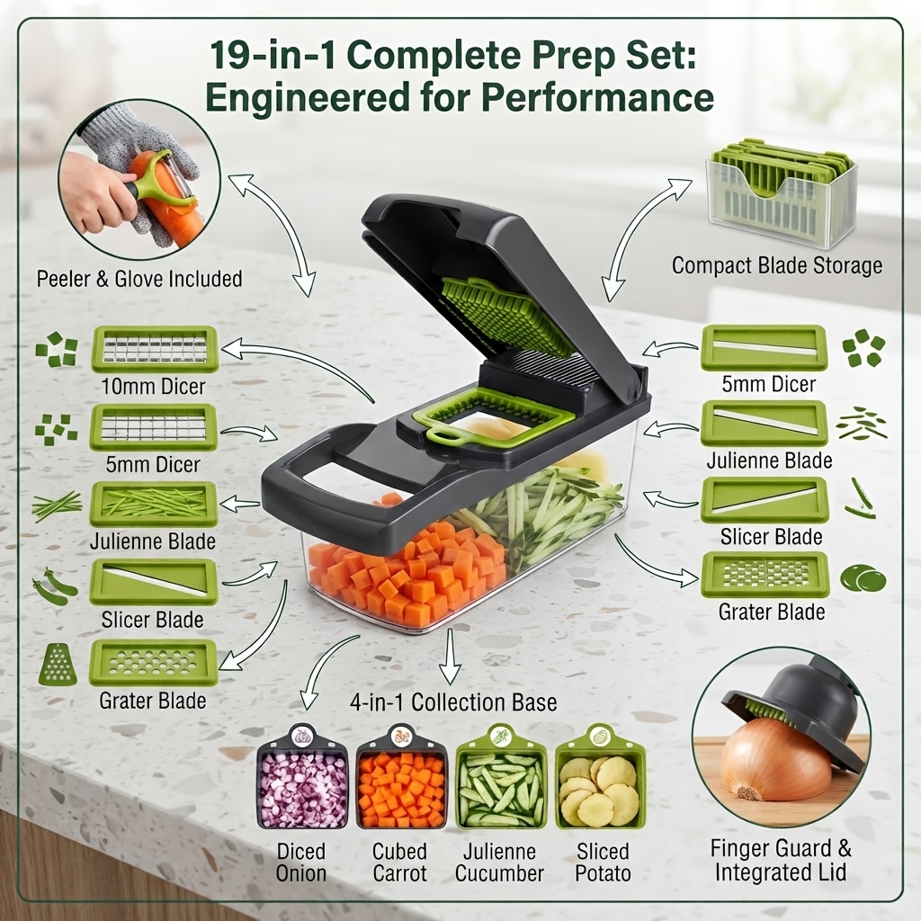 TEMU 19-in-one Professional Vegetable Chopper, Heavy-duty Slicer Food Cutter, With Stainless Steel , Suitable For Storage Containers During And