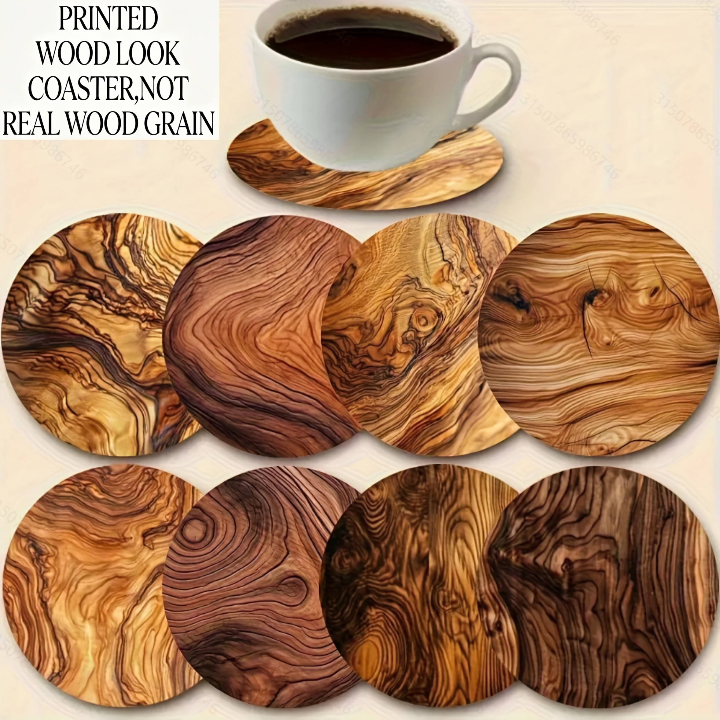 TEMU 2d Flat Printed Wood Grain, Set Of 8 Elegant Wooden Coasters - Heat-resistant & Anti-slip, 3.94-inch Round Mats For Cups And Beverages - Perfect