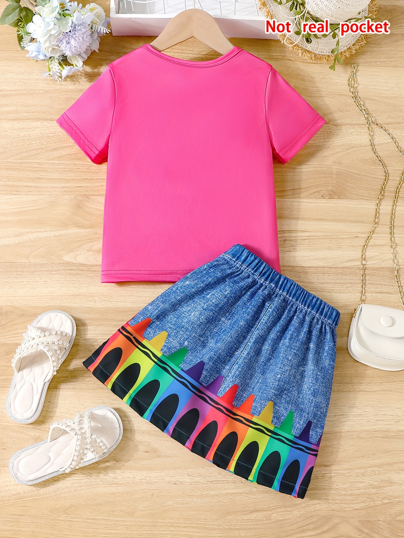 school crayons print girls outfit short sleeve fun t shirt top graphic short skirt everyday casual set summer 2pcs details 1