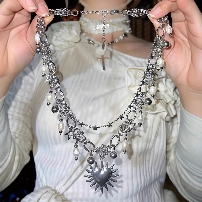 TEMU A Delicate And Necklace Featuring Pentagram Heart Pendant, Perfect For Fashionable Women, With Multiple Layers For A Stylish Look