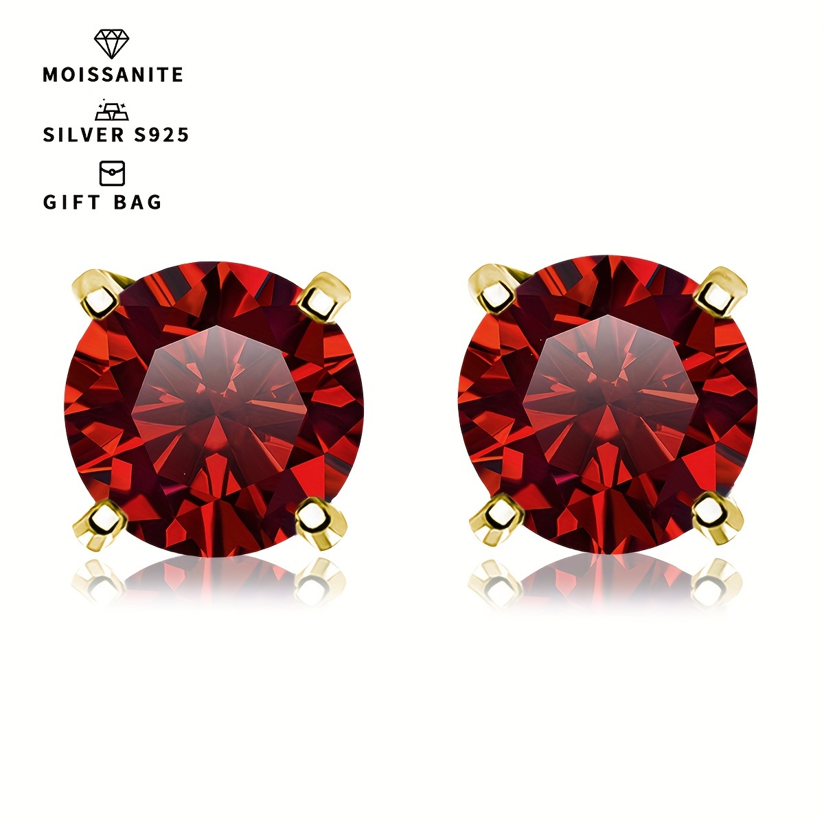 

1 Pair Elegant Round Red Moissanite Earrings, S925 Silver, Fashion Pop Four-claw Design For Women, Available In 0.5ct/1ct/2ct/3ct With Gift Bag - Simple Style Jewelry
