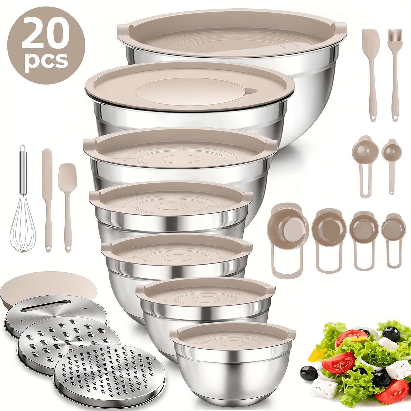 TEMU 20pcs Khaki Salad Bowls With Lids, Including 7pcs Stainless Steel Salad Bowls With Lids, 3pcs , And 10pcs Practical Kitchen Tools, Non-slip And