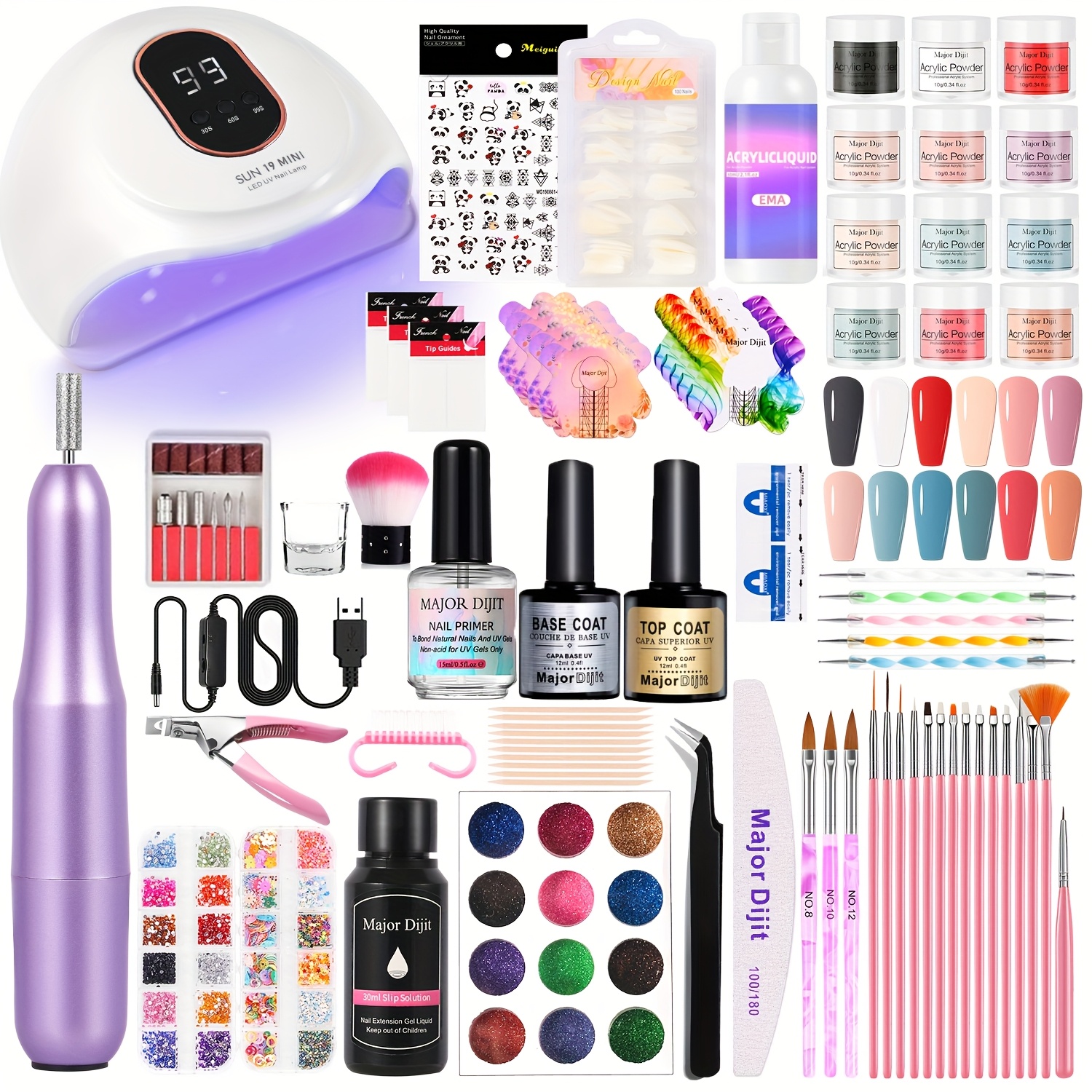 Image of Acrylic Nail Kit 12 Colors Acrylic Powder With Nail Machine Nail Primer And Lamp Nail Diy Nail Kit Nail Set Nail Starter Kit Nail Set