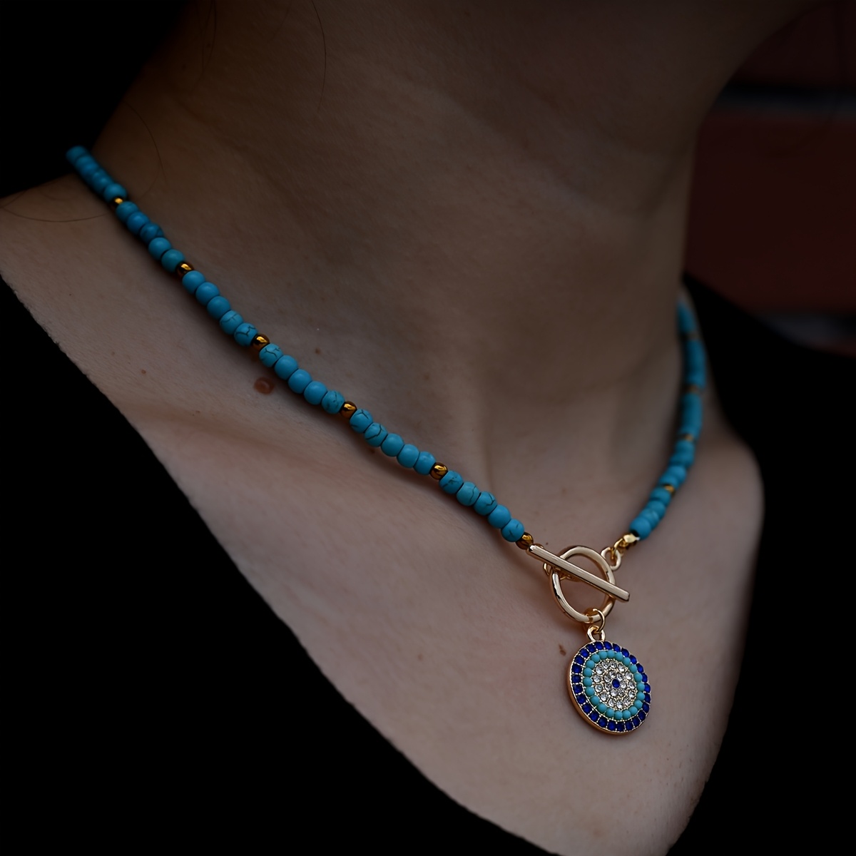 Retro Style Synthetic Colored Artificial Stone Ot Closure Pendant Chain Necklace, Trendy Jewelry