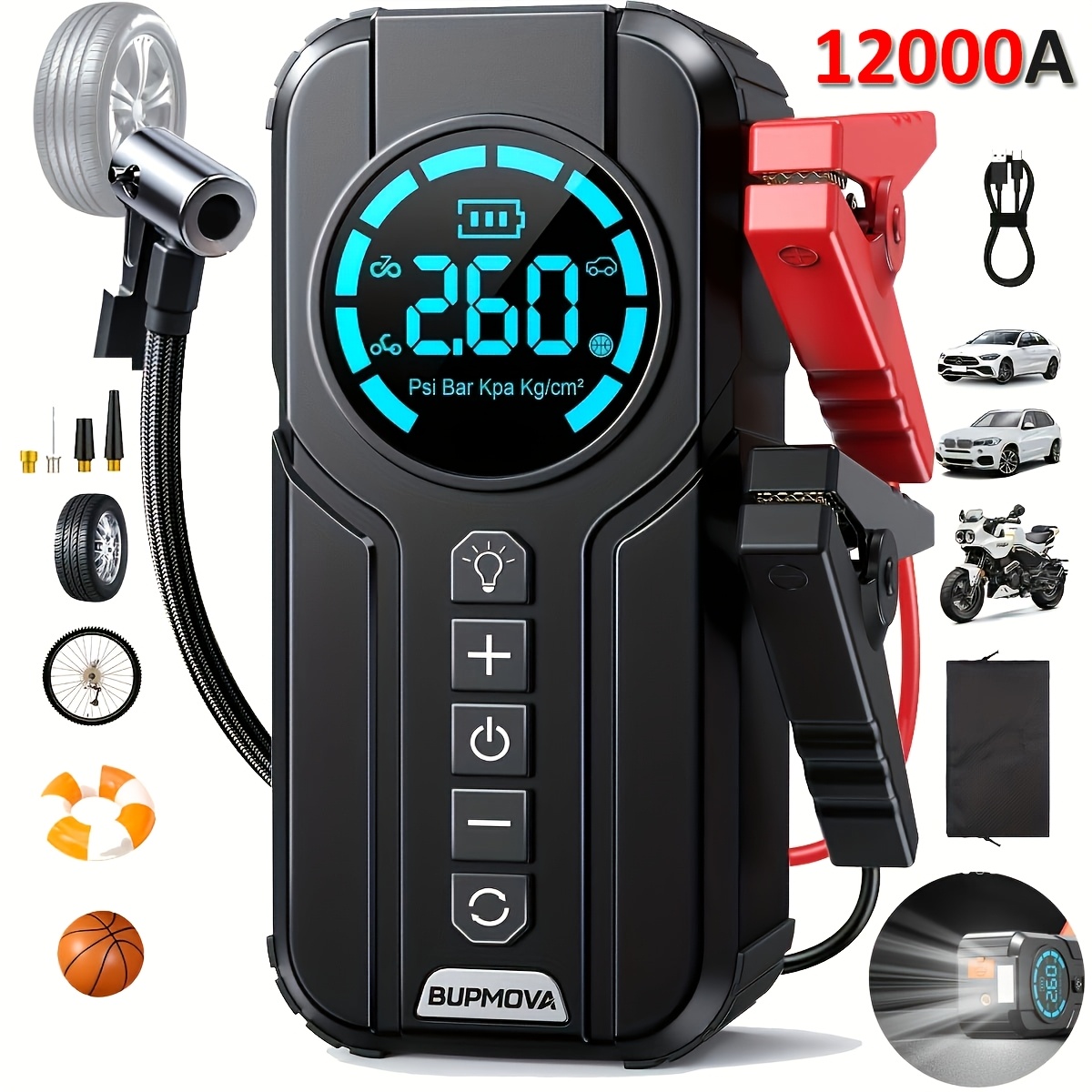 item picture Car Jump Starter With Air Compressor Cordless Tire Inflator, 21800mAh Battery Booster With Power Bank Pack & LED Flashlights, 12V Auto Jumper Box For All Gas Or 10.0L Diesel Vehicles, Open in new tab.