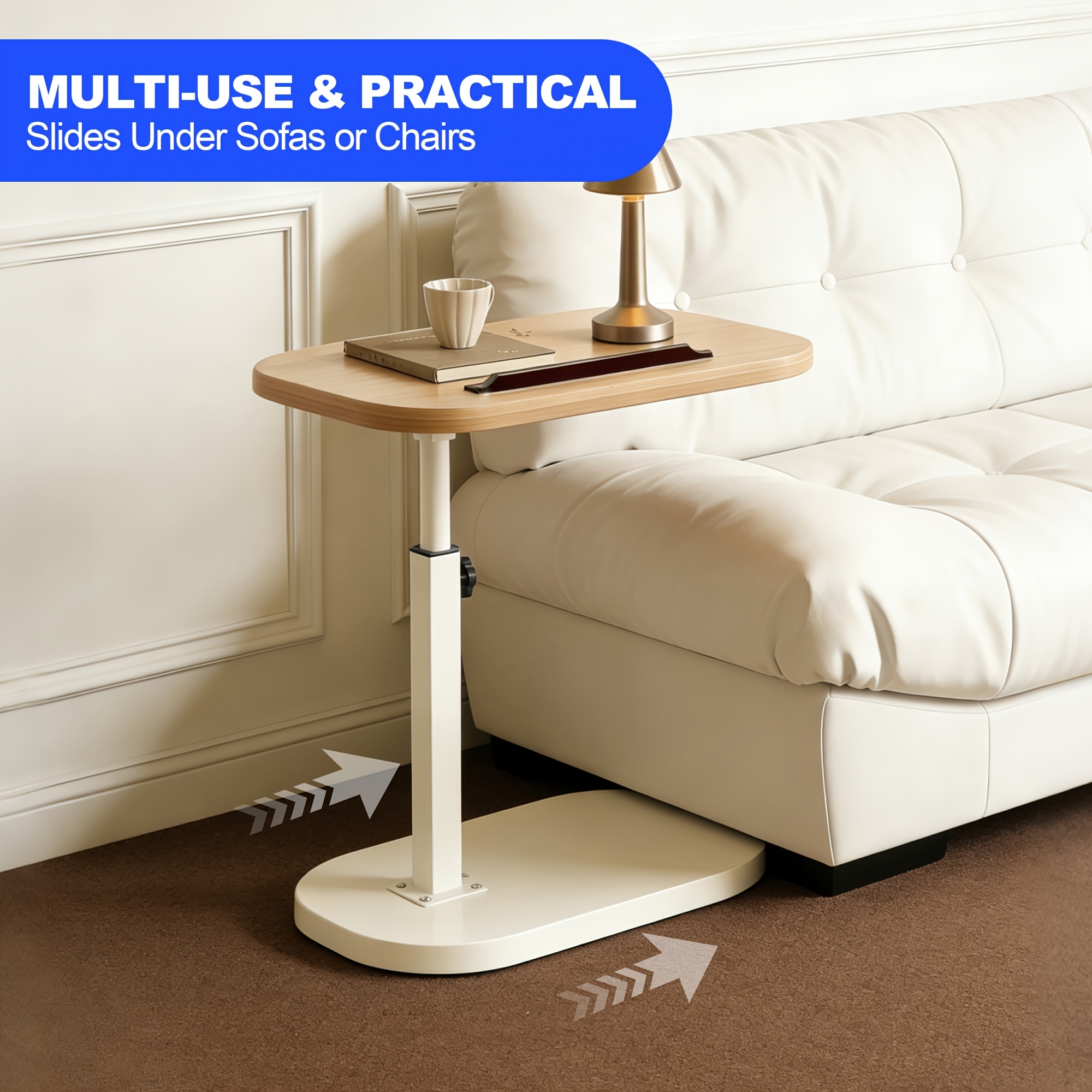 TEMU Table d'appoint en de C avec roulettes, table d'appoint mobile à hauteur réglable, bureau pliant pour ordinateur portable pour lit canapé,