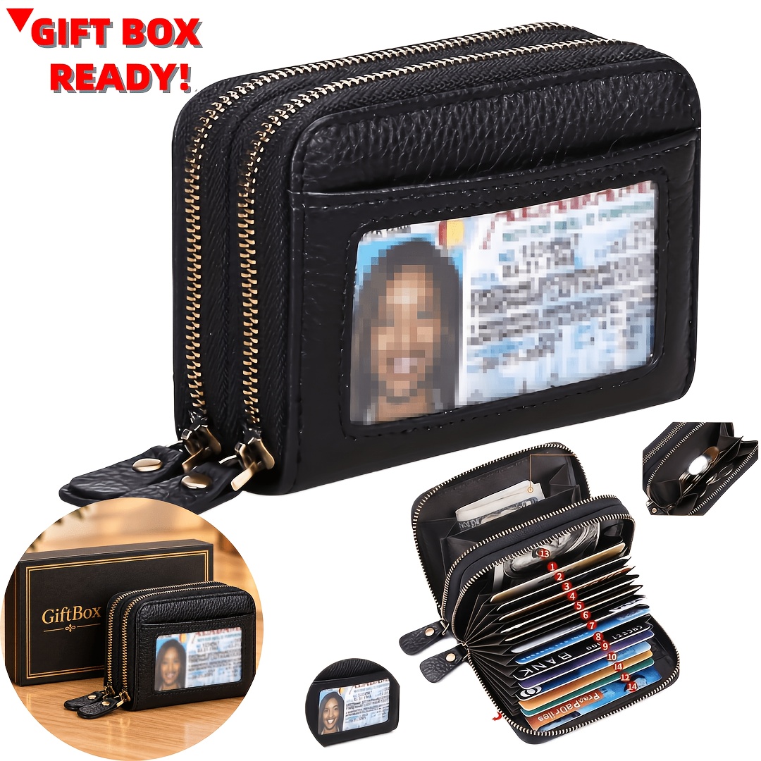 TEMU Genuine Leather Wallet For Men And Women With Gift Box, Top Layer Cowhide Wallet Credit Card Holder Women's Wallet, Rfid Blocking Purse, 12-card