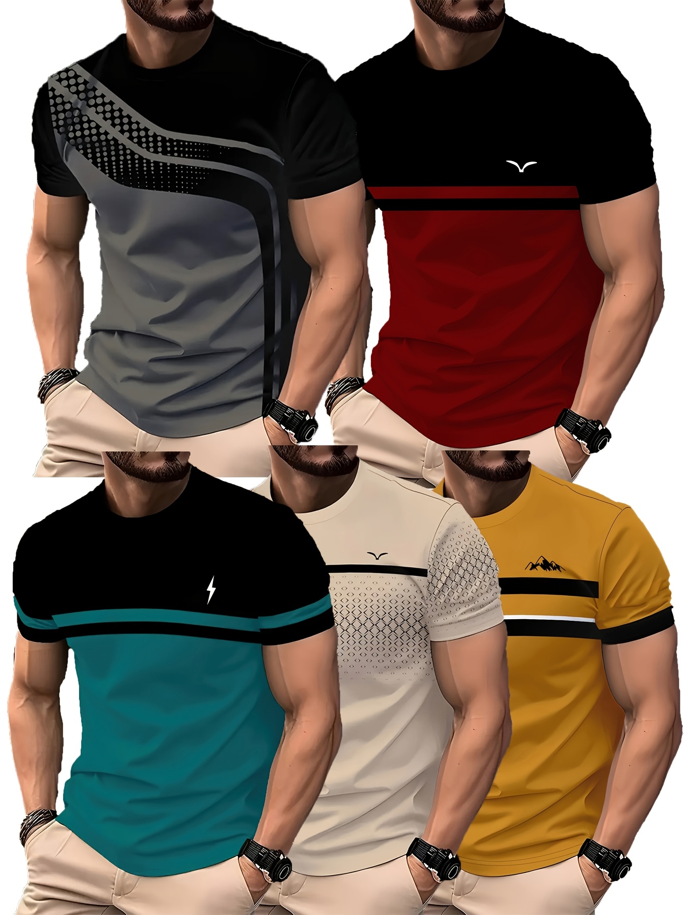 Ensemble de 5 T-shirts à manches courtes pour hommes, imprimé rayé, élégants et décontractés, T-shirts d'été à col rond, couleurs dégradées, séchage rapide et respirants