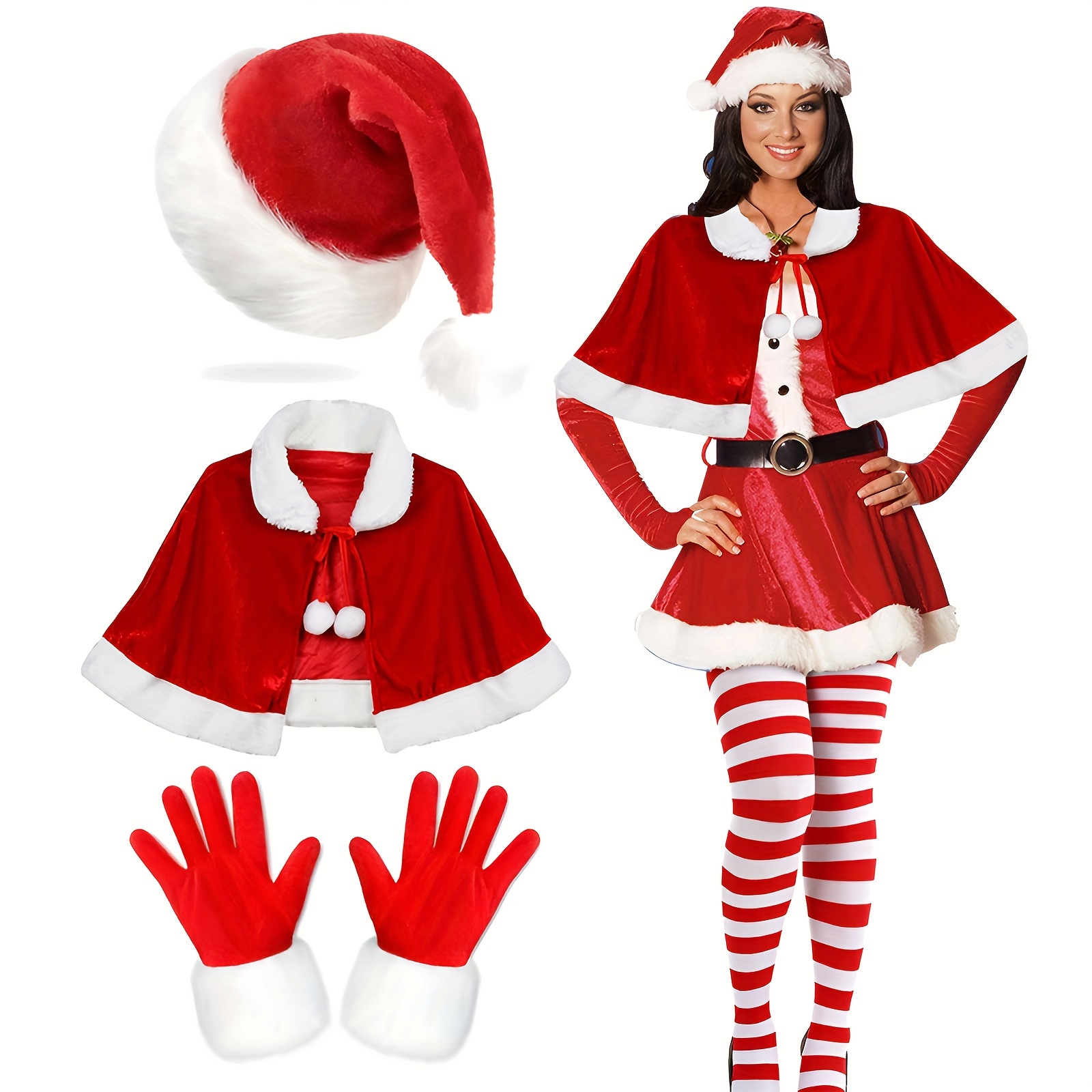 

3pcs Christmas Fur Velvet Cloak Red Mrs Santa Claus Shawl Cape Party Cosplay Costumes With Santa Hat For Women