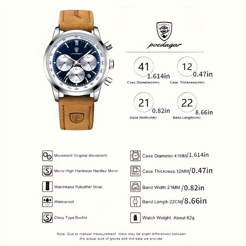 mens luxury chronograph watch with luminous dial high quality 30m quartz movement date display brown faux leather strap casual formal wristwatch Product details 3