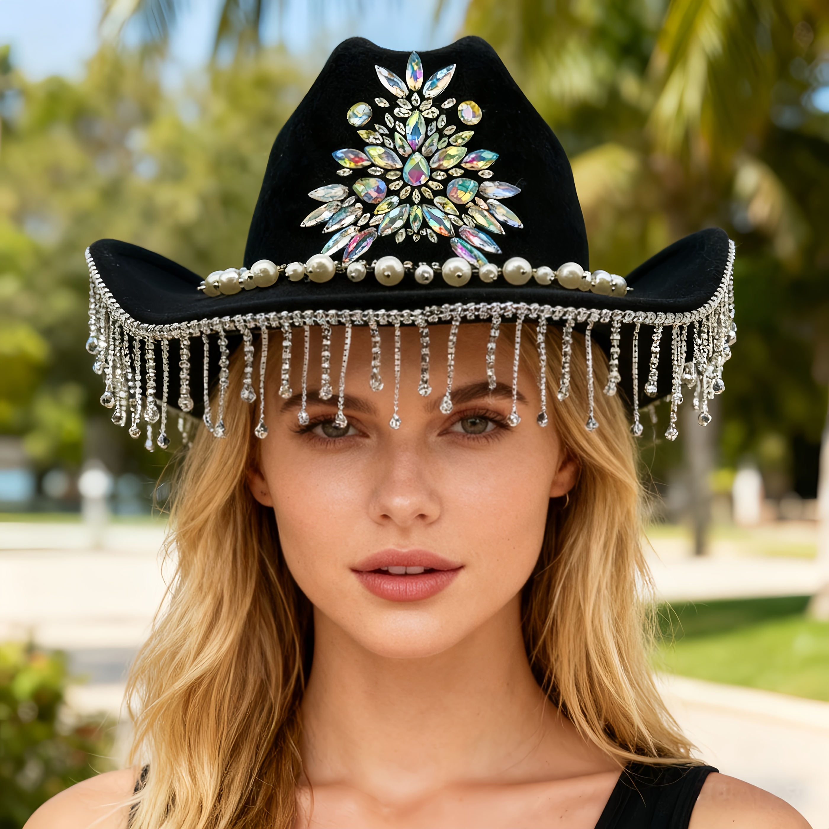 black cowboy hat with rhinestones sold on Temu United States display picture 1