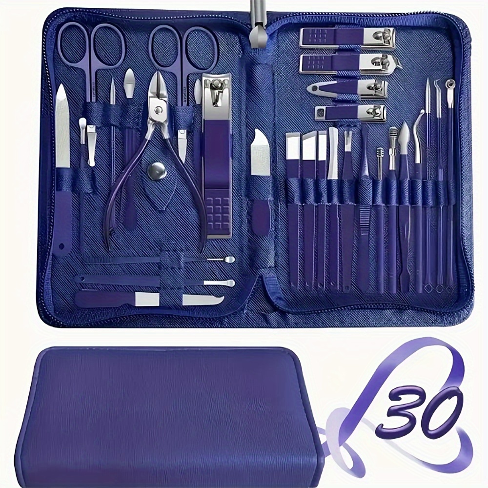 

30pcs Professional Manicure & Pedicure Set - Stainless Steel Nail Clippers, Cuticle Nippers, Grooming Tools In Portable Blue Leather Case - Ideal For Home, Travel & Rv Use, Nail Tech Supplies