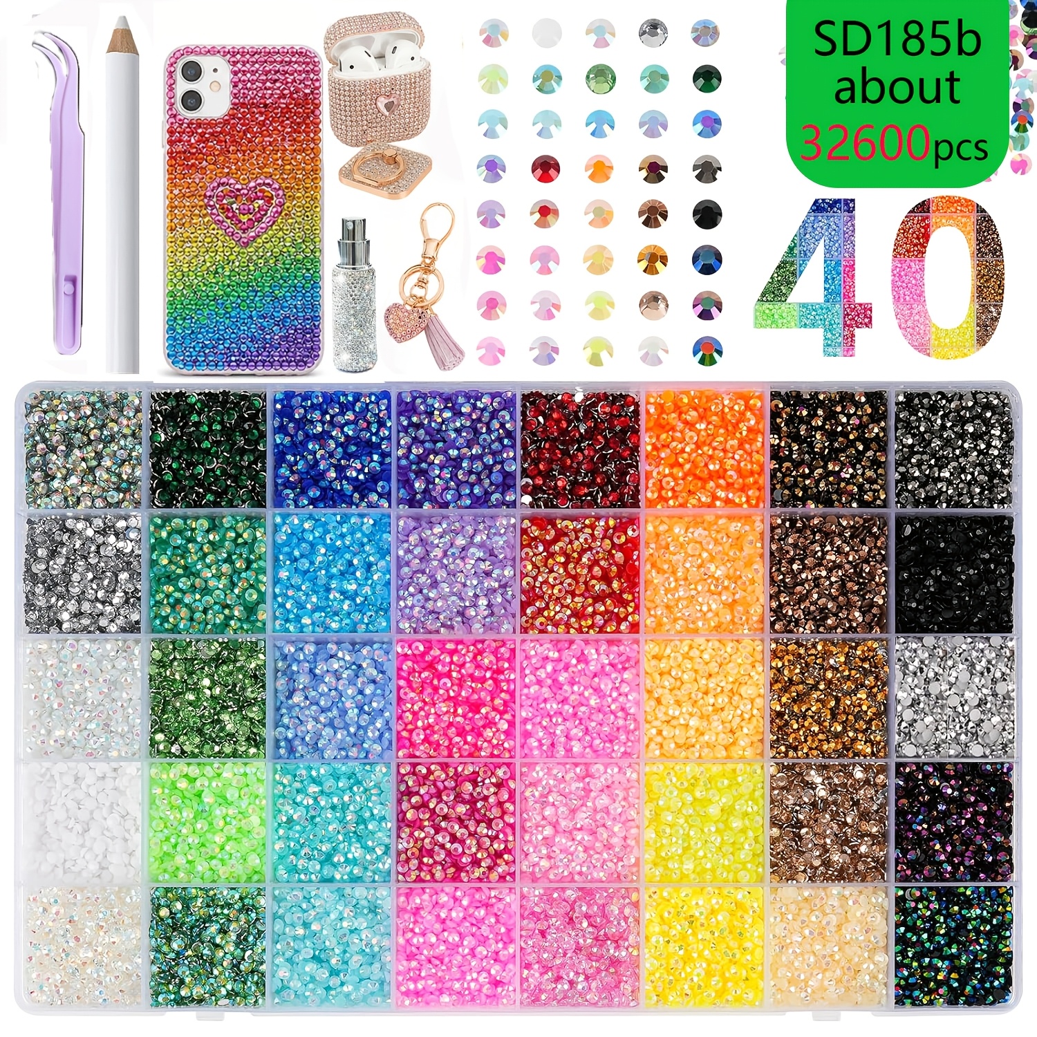 TEMU 32600pcs 40-color Rhinestone Set With Tools - 3mm Flat Back Resin Diamonds Suitable For Diy Crafts, Sparkling Resin Gems For Clothing, Shoes,