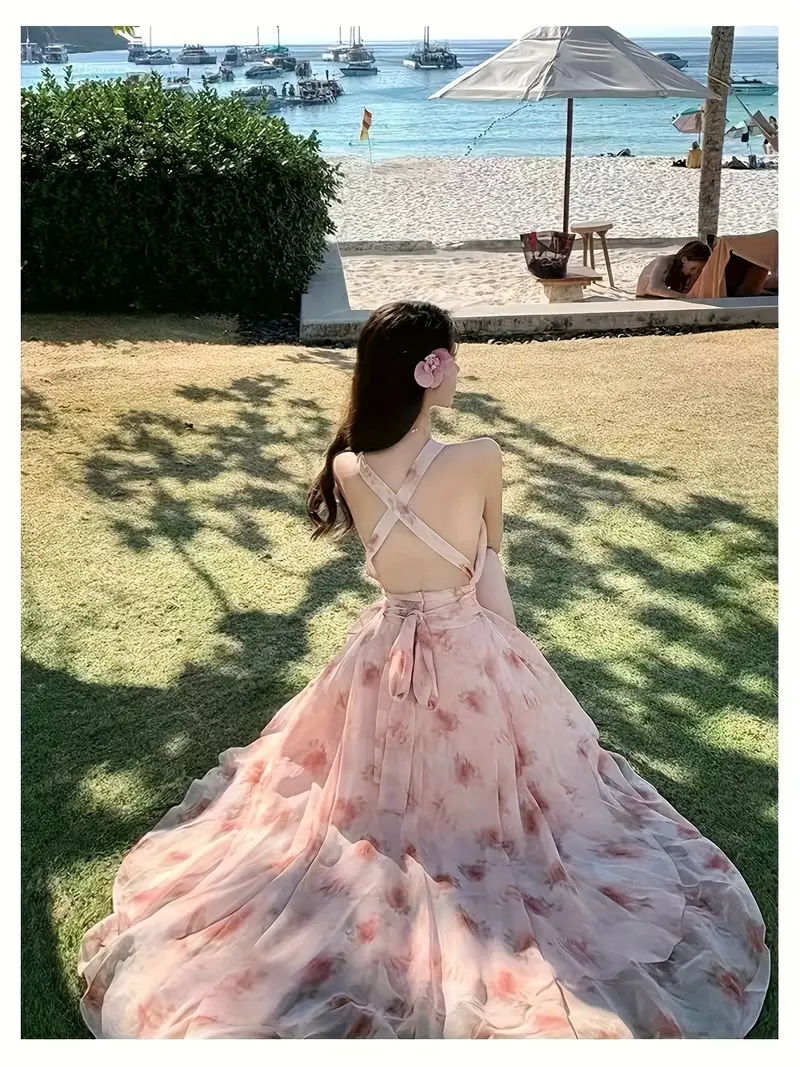 womens floral print neck sleeveless dress waist tie asymmetrical hem long dress for spring summer fall elegant korean japanese inspired fashion summer outfit contemporary design Product details 1