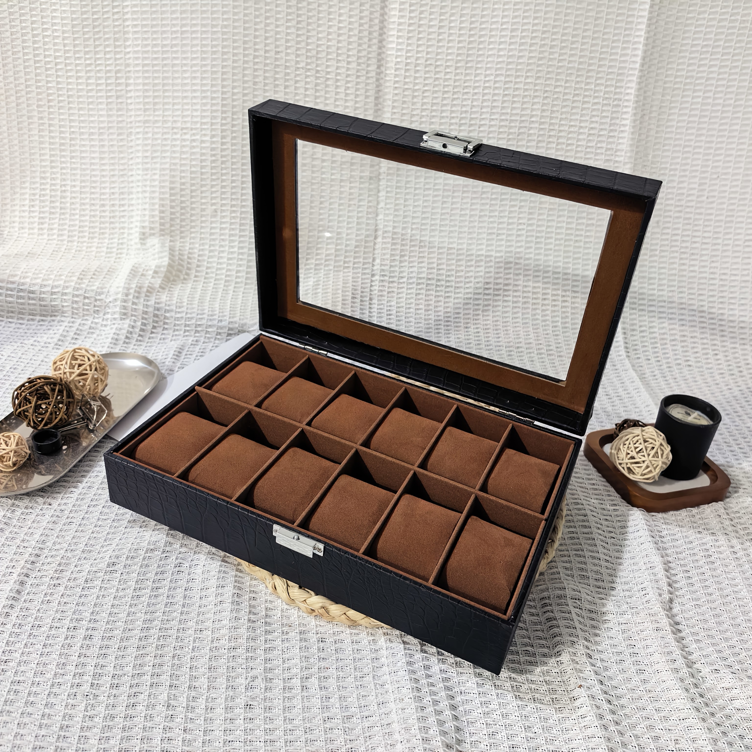TEMU New Crocodile Pattern Hinge Style 12-slot Watch Storage Box With Window Transparent Watch Display Box Men's Watch Box