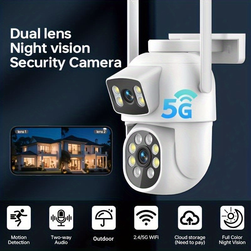 ZHXINSD Камера за външна охрана с двойна леща и 1920P 2.4G/5GHz WiFi, 355° панорамен изглед, детекция на движение, двупосочно аудио, цветно нощно виждане, автоматично проследяване, облачно съхранение (изисква плащане), домашна сигурност, модерно наблюдение, домашно наблюдение