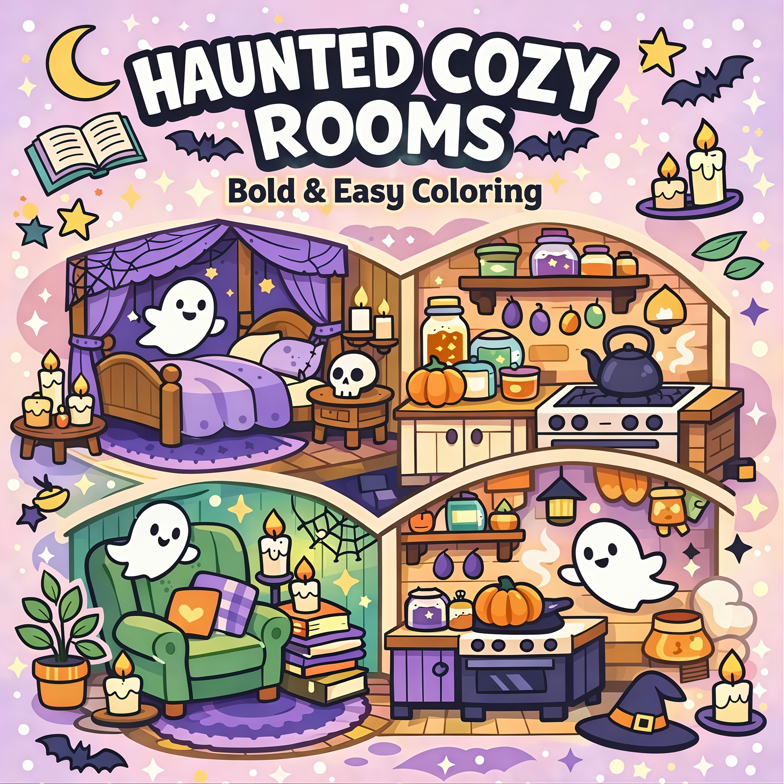 TEMU Coloring Book, 24 Pages Of Halloween-themed Home Scene Coloring Patterns, Featuring Scenes Such As A Bedroom, A Magical Kitchen, And A Vintage