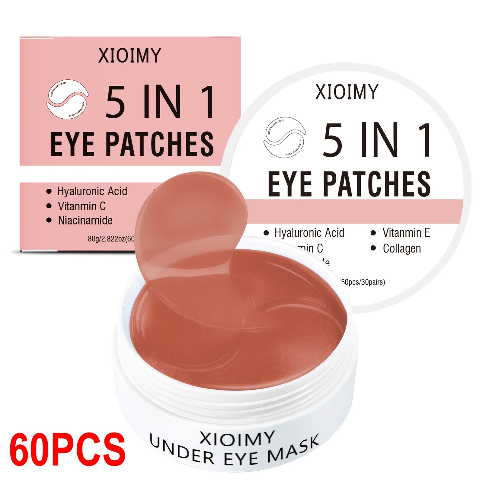 Image of 60pcs Pink Eye Mask, Containing Hyaluronic Acid, Vitamins E And C, Collagen, And Niacinamide, Moisturizes, Skin Radiance, Instantly Lifts Eye Skin, Suitable For Types