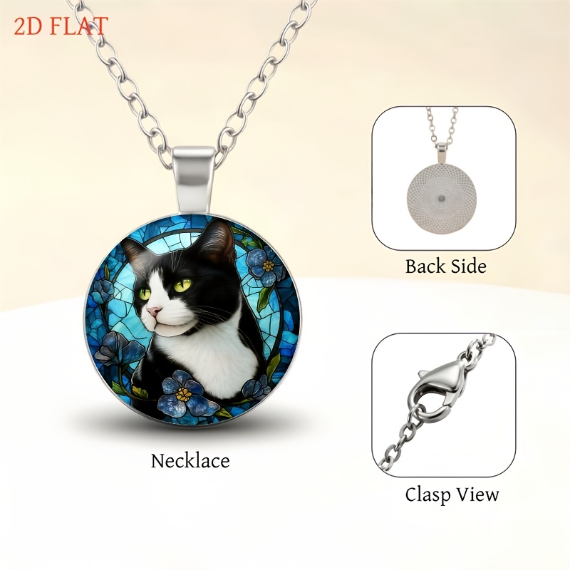 5pc Black & White Cat Jewelry Set with Blue Flower Round Glass Top