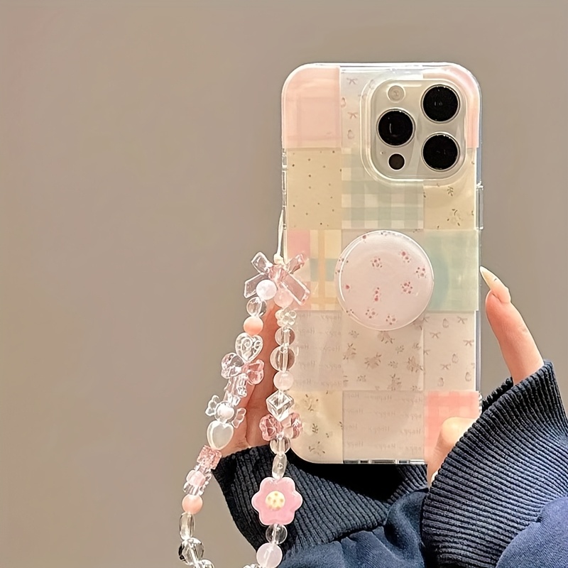 TEMU Phone Case - A Cute Checkered And Floral Phone Case With A Stand And Charm, Suitable For Iphone 11 To 16 Pro Max