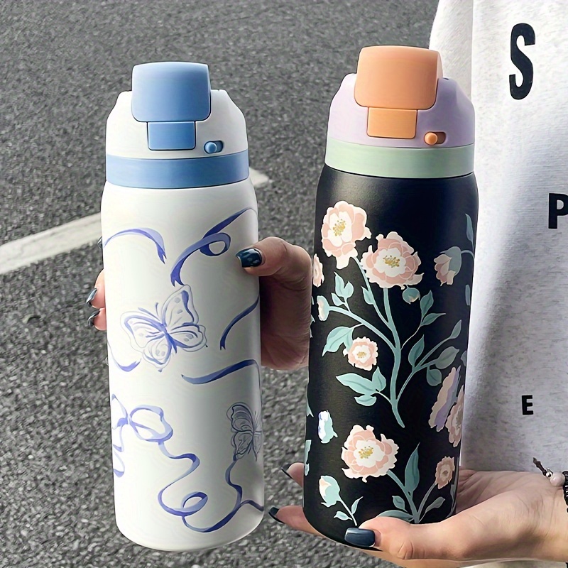 

1pc Floral Stainless Steel Insulated Water Bottle - 1000ml, Dual- With Handle For , Sports & Outdoor Activities