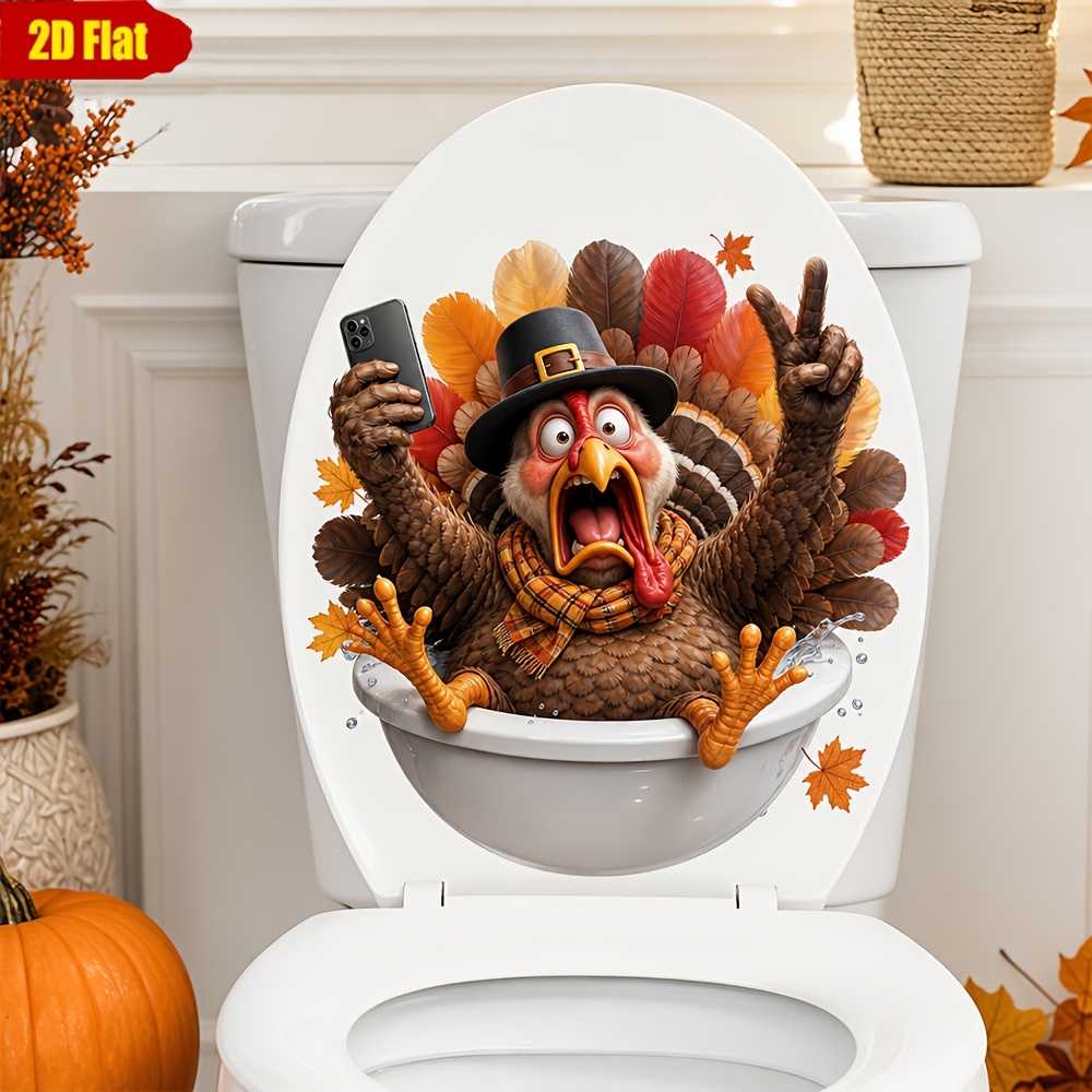 TEMU 1pc Fun Thanksgiving Turkey Toilet Lid Sticker, Selfie Turkey With Autumn Decal For Toilet, Removable Pvc Self-adhesive Sticker For Bathroom