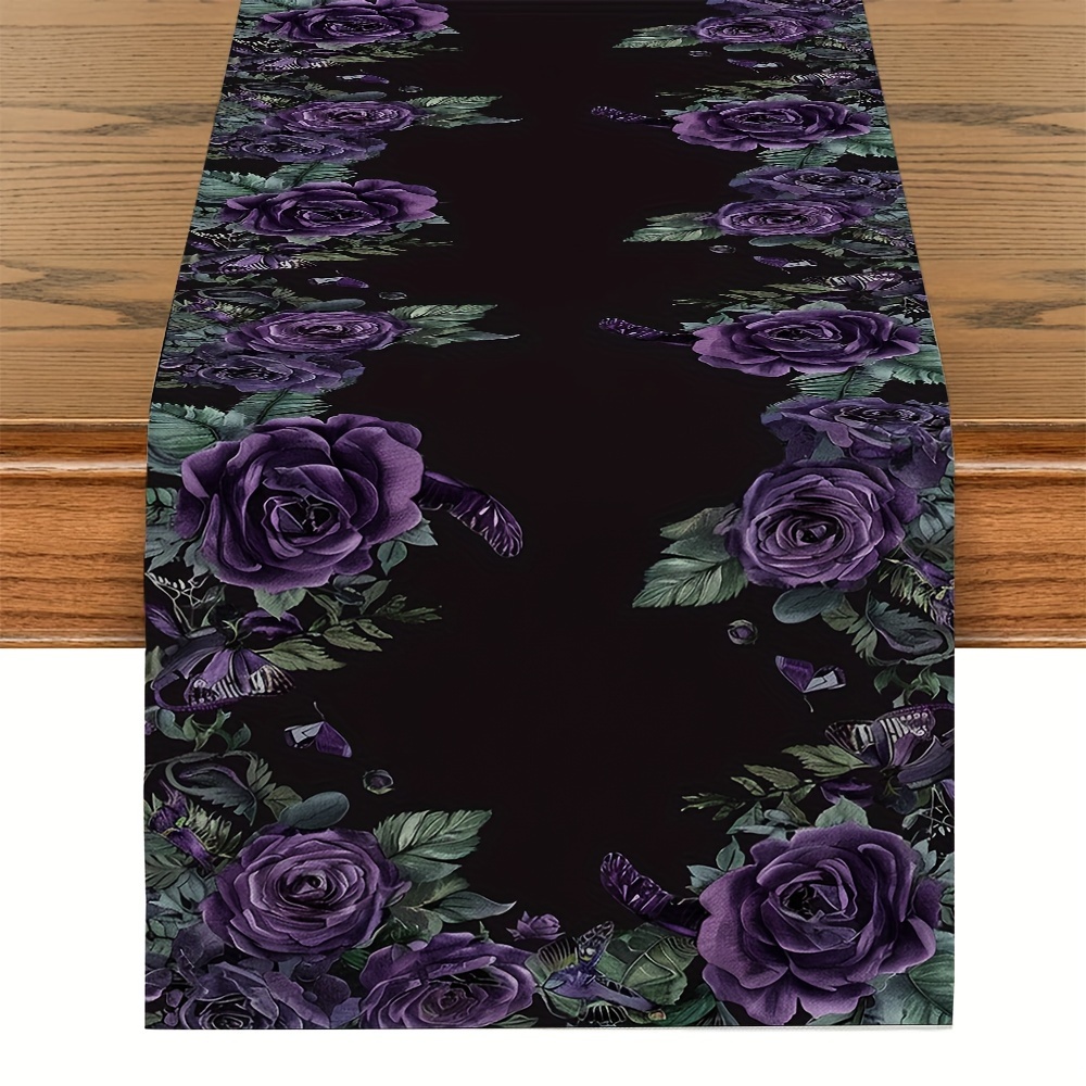 

1pc, Table Runner, Purple Roses Printed Table Runner, Spring Theme Dustproof & Wipe Clean Table Runner, Perfect For Home Party Decor, Dining Table Decoration, Aesthetic Room Decor