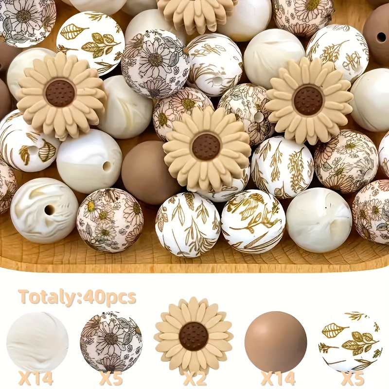 Image of 40pcs Of Bohemian Floral Silicone Beads - Featuring Floral And Geometric Designs In Cream, White, Beige, Brown, And Golden Accents - Perfect For Jewelry Making, Crafts, Earrings, Necklaces, Keychains