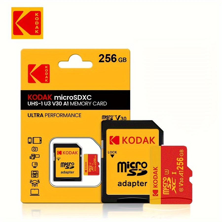 

video-grade" Kodak Ultra Microsdxc Card With Adapter - 256gb/128gb/64gb/32gb, Uhs-i, Up To 100mb/s, Supports 4k & Full Hd, C10, U3, A1 Compatible