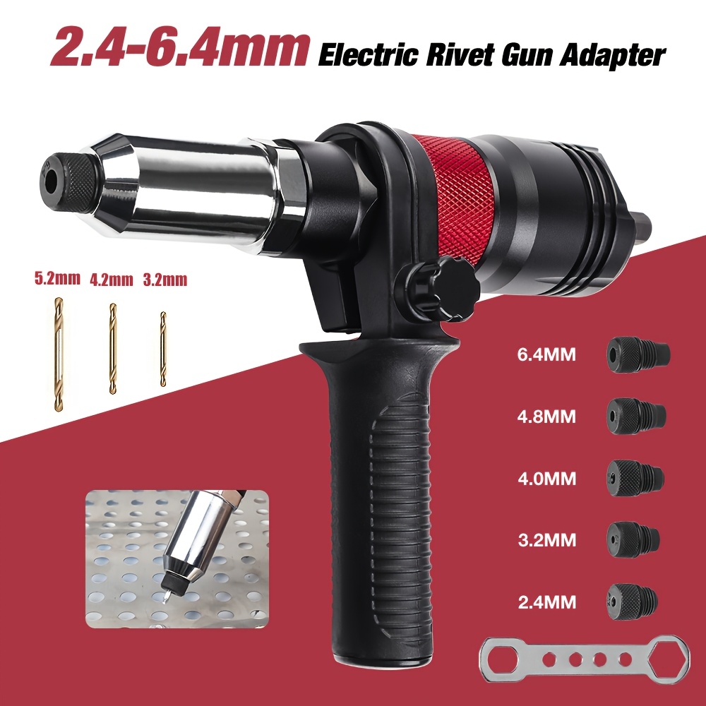 

Electric Rivet Adapter Kit, Featuring Rivet Heads Of 2.4/3.2/4.0/4.8/6.4 Mm And Twist Drill Bits, With A Wrench And Handle, For Use With Cordless Screwdrivers And Electric Drills.