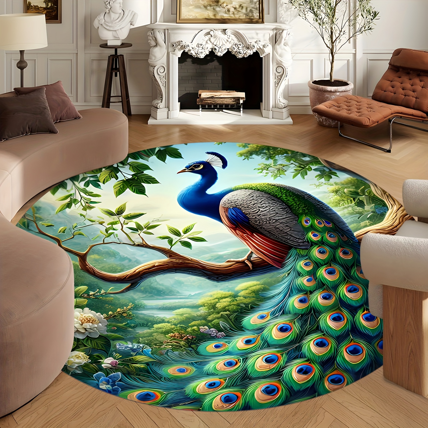 TEMU 1pc Luxury Round Area Mat With Floral & Peacock On Branches Design - 100% Polyester, Machine Washable, 0.47'' Thick 610g/mÂ² For Farmhouse