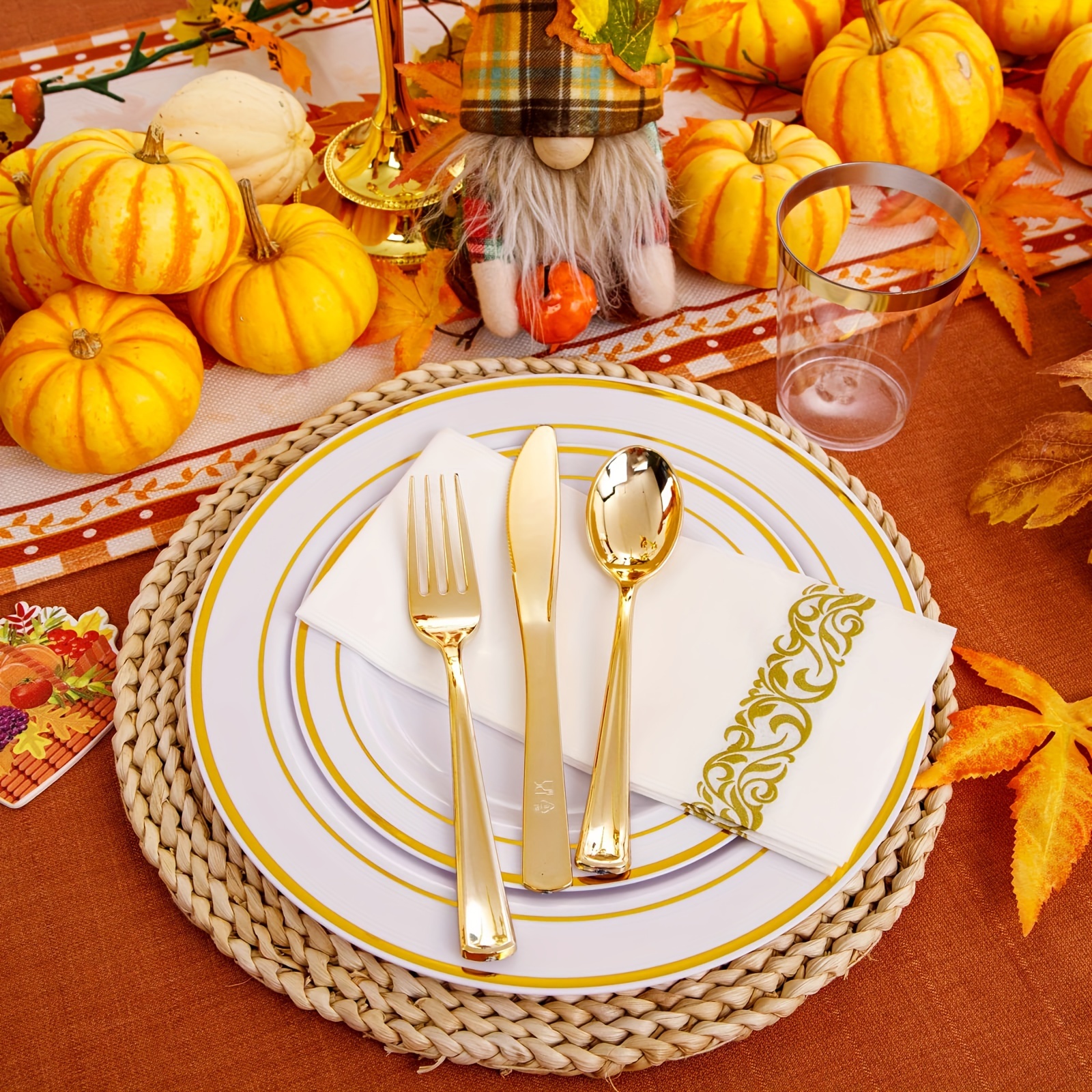 

Wdf 25guest Gold Plastic Plates With Gold Silverware - Plates Dinnerware - 25 Dinner Plates 25 Salad Plates 50 Forks 25 Knives 25 Spoons 25 Cups 25 Mini Forks For Christmas