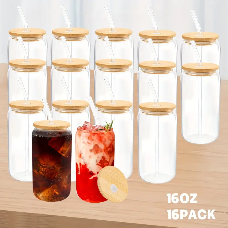 16pcs 16oz glass cup with straw bamboo lid cleaning brush coffee cup bottle water cup set for milk mother day party birthday wedding gift cup kitchen items Product details 6