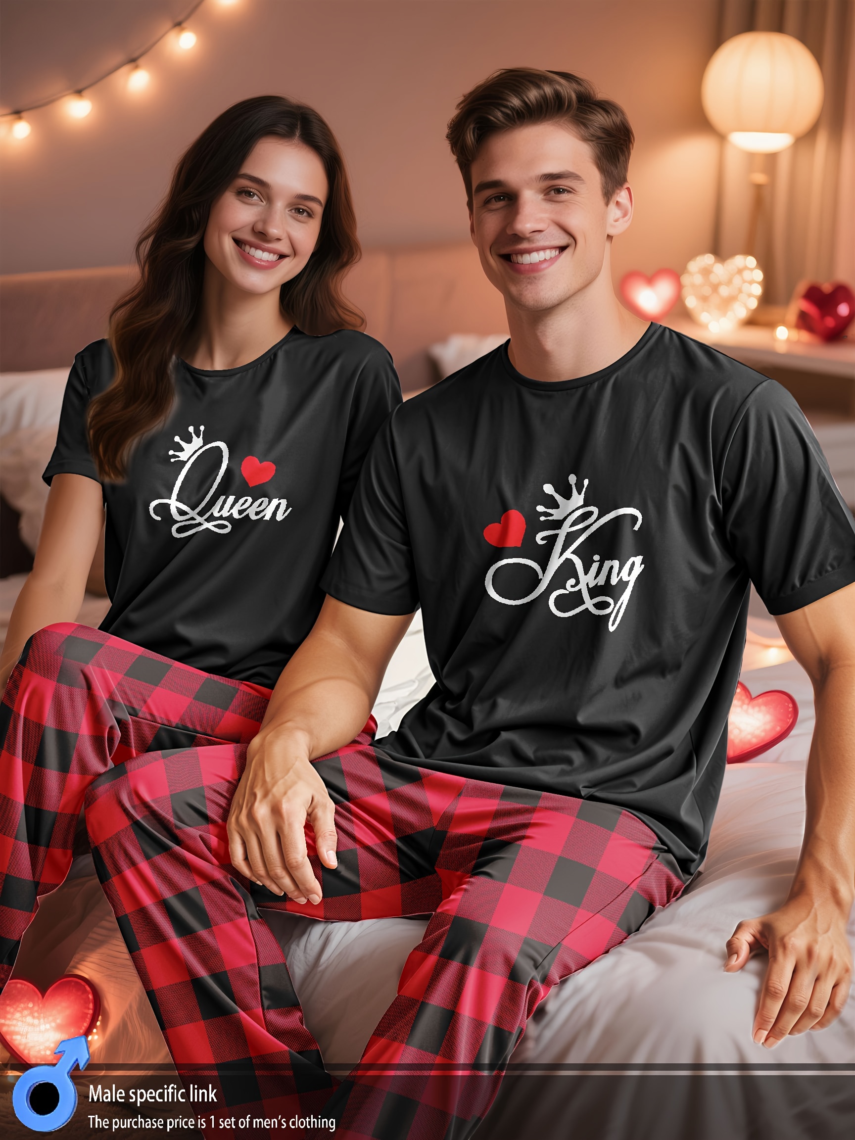 [MEN/WOMEN] Couple Style Homewear Set, Novel And Comfortable Homewear Set, Men'S T-Shirt Top Printed with Heart Crown Pattern Letters "King" And Plaid Trousers Or Women'S T-Shirt Top Printed with Heart Crown Pattern Letters "Queen" And Plaid Trouser