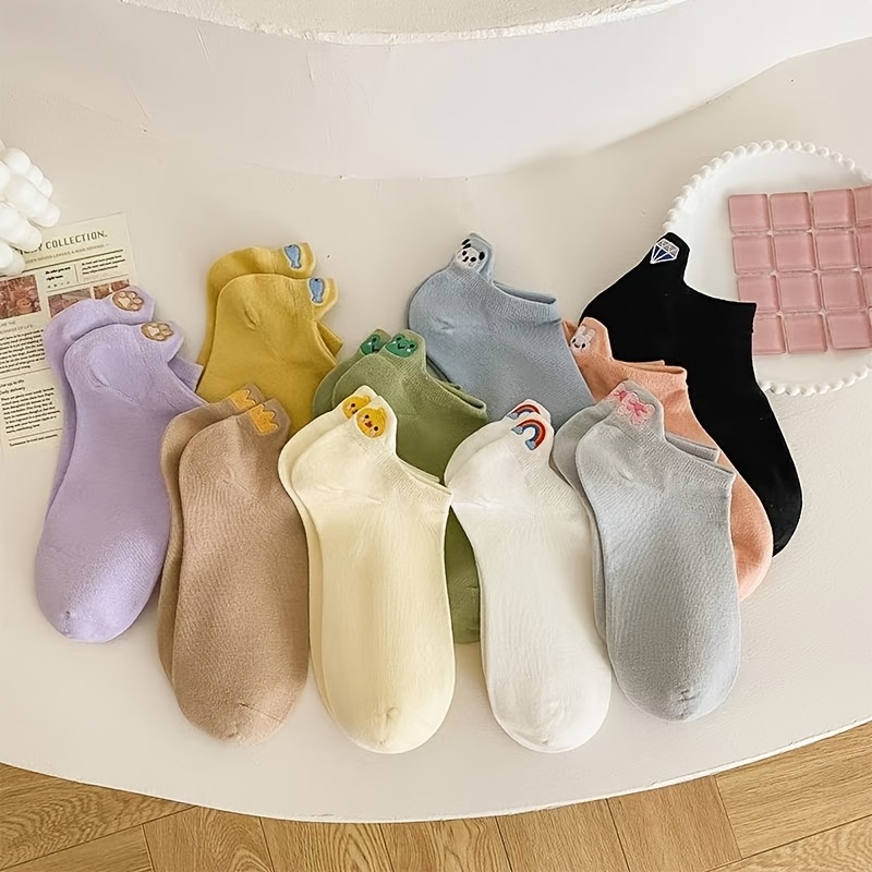 TEMU Random 5/10 Pairs With Solid Color Thin Socks Crown Embroidery Anti-friction Shallow Below Knee Socks .