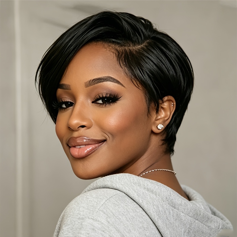 Image of Side Part 13x4x1 Lace Front Human Hair Wig Natural Black 13x4x1 Lace Wig Short Straight Human Hair