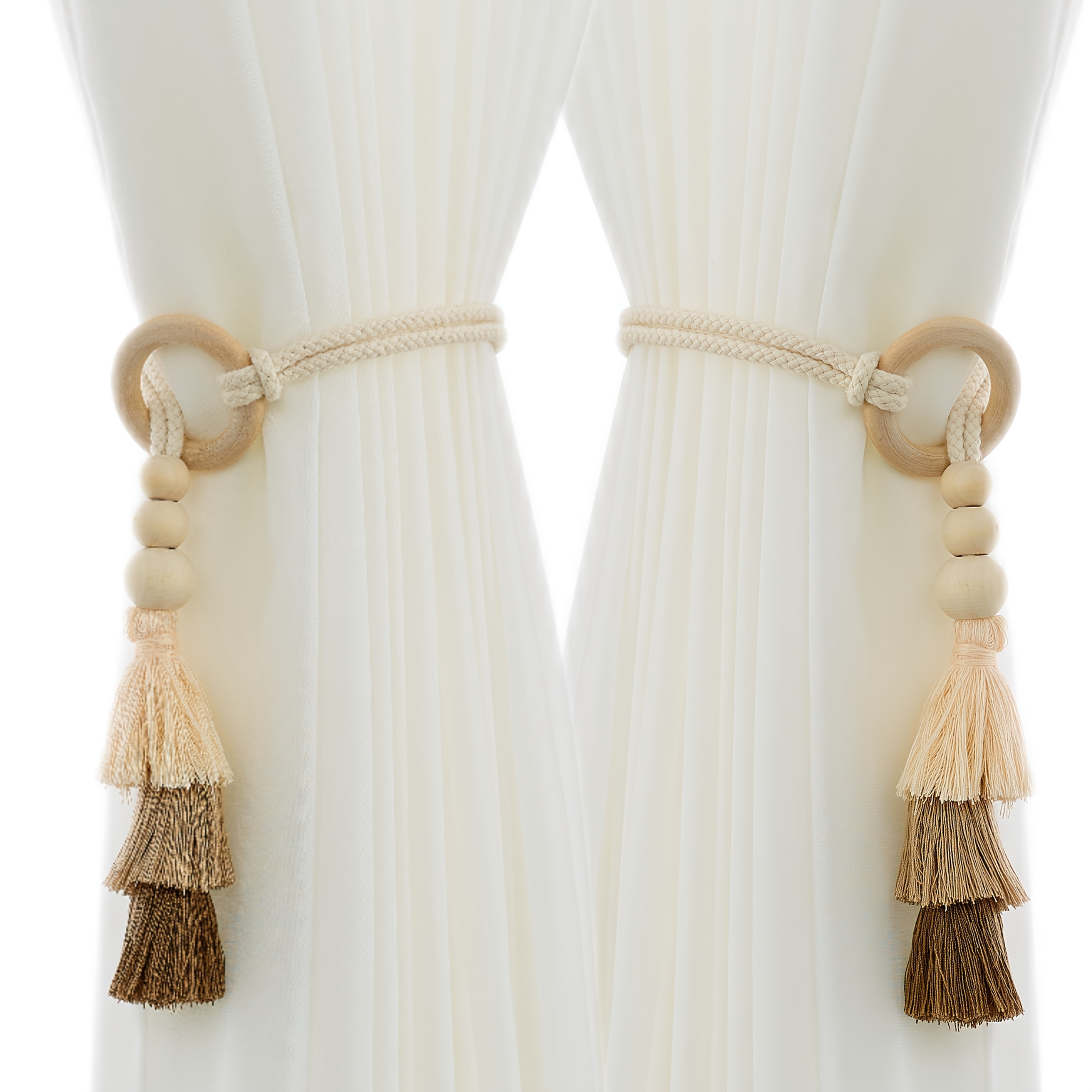 2pcs, Anneau de rideau en bois avec pompon, Style bohème, Anneau de rideau en fil de luxe léger haut de gamme, 2 pièces par paquet