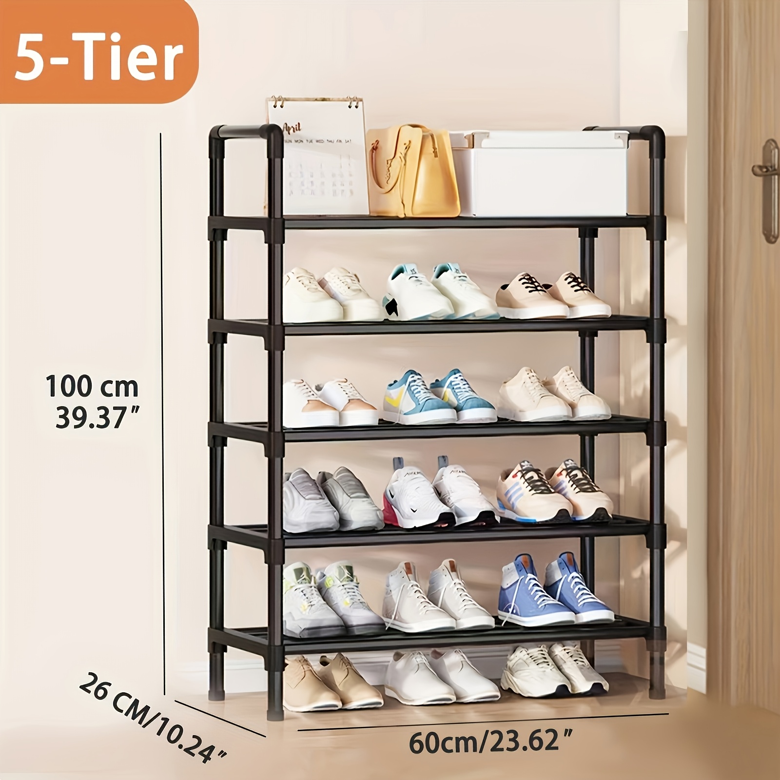Image of 5/8-tier Metal Adjustable Shoe Racks. This Freestanding Heavy-duty Black Metal Shoe Shelf To 20 Pairs Of Shoes. Adjustable Shoe Rack Ideal For Small Spaces, , Closets, Doorways, And Dorms