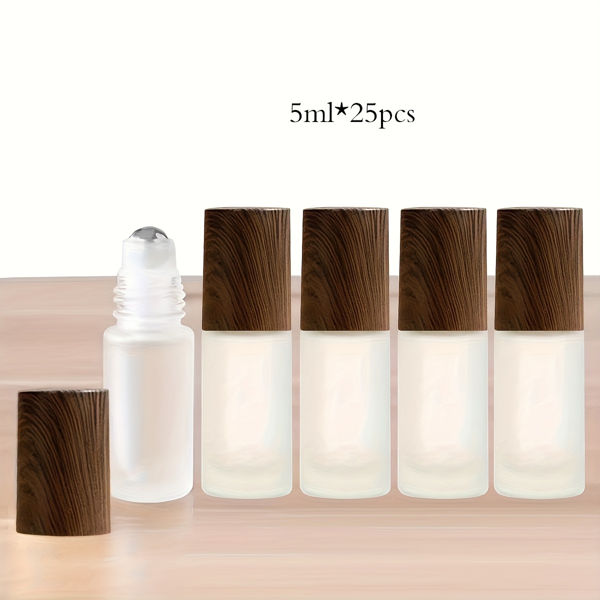 E-shop 25er-Pack -Flaschen für ätherische Öle mit Edelstahl-Reinigungskugel und Holzmaserung - Nachfüllbare Parfümflasche aus Glas, für Reisen (0,34