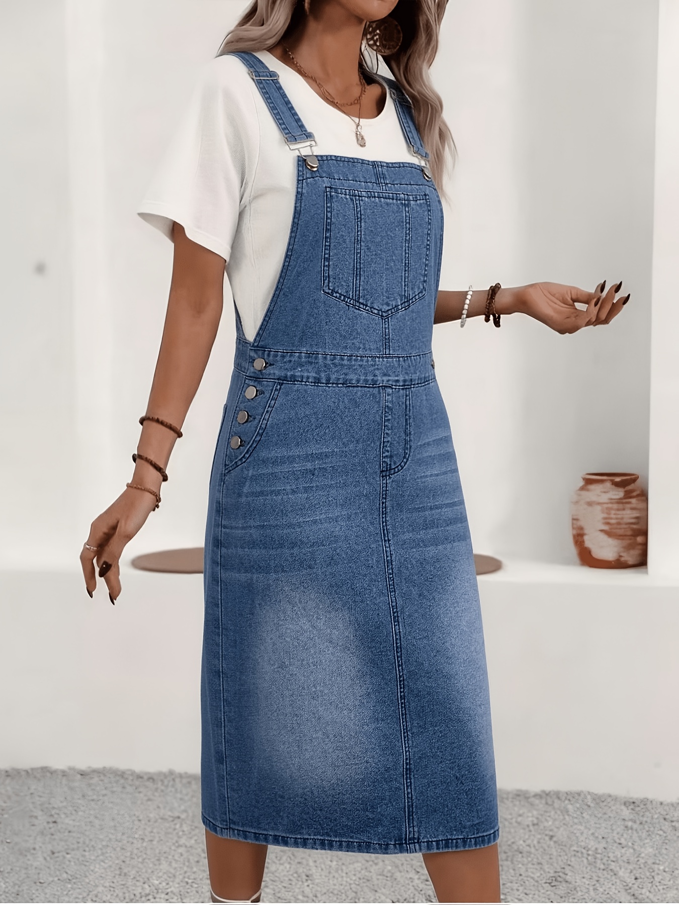 overall knee length dress Women's Plus Size Denim Overalls Dress Adjustable Strap Pinafore Bib Jean Dress with Side Pockets