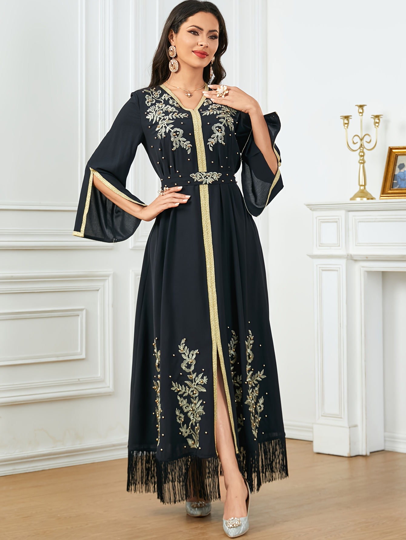 bead embroidered long dress 1920s Black & Gold Beaded Evelyn Flapper Dress main image 1